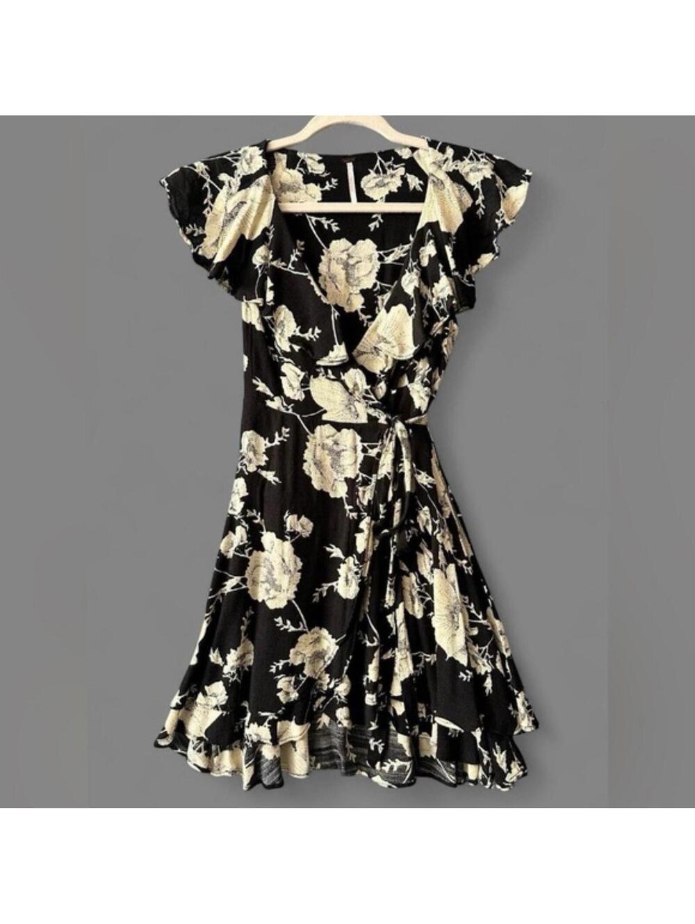 Free People Black and Cream Floral Midi Wrap Dress